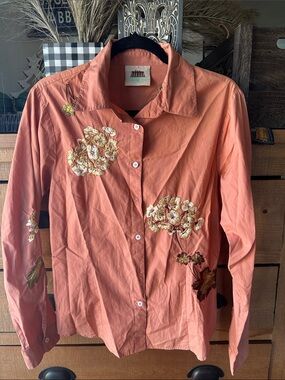 Embroidered Coral Button-Front Blazer Jacket